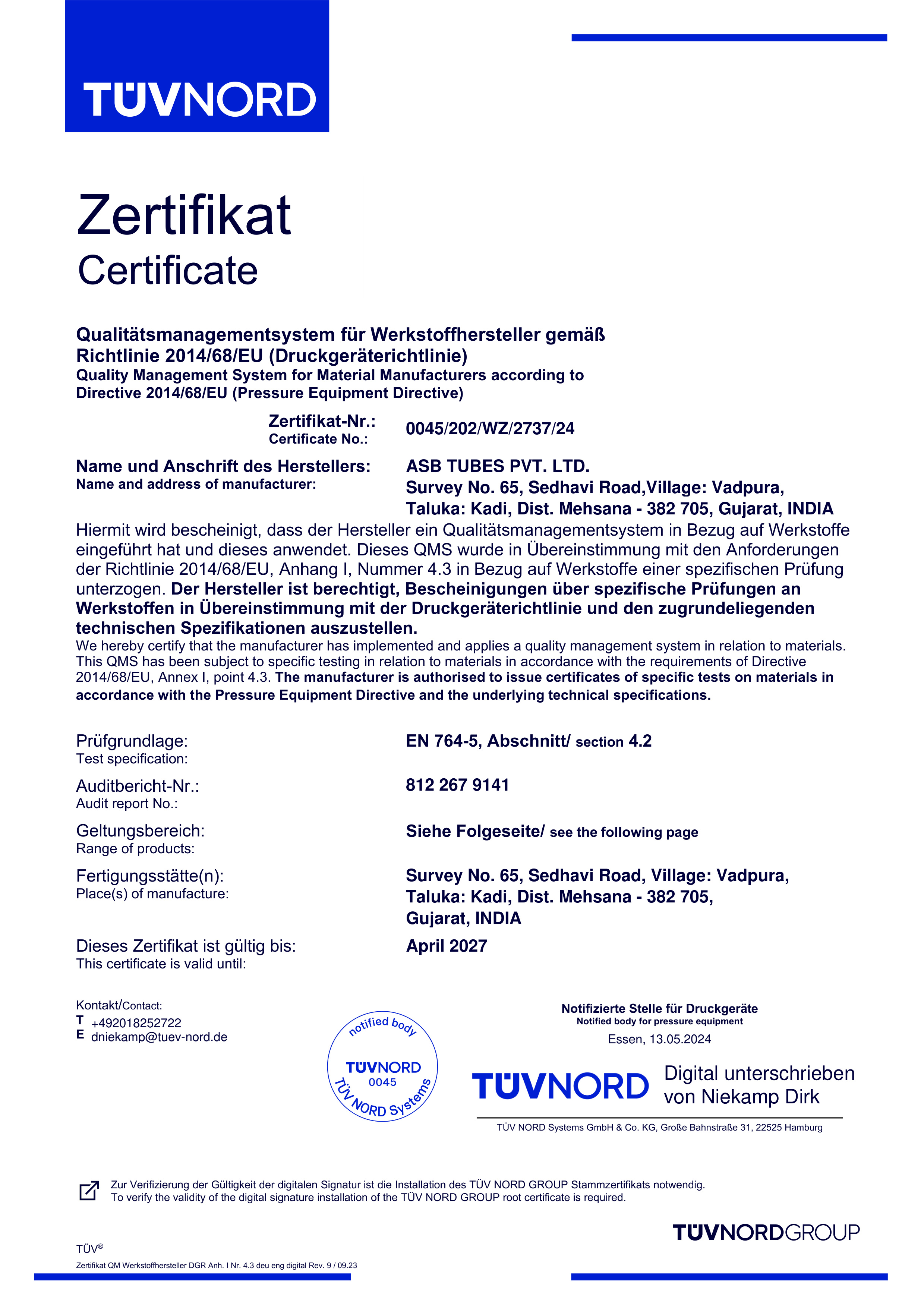 PED Certificate